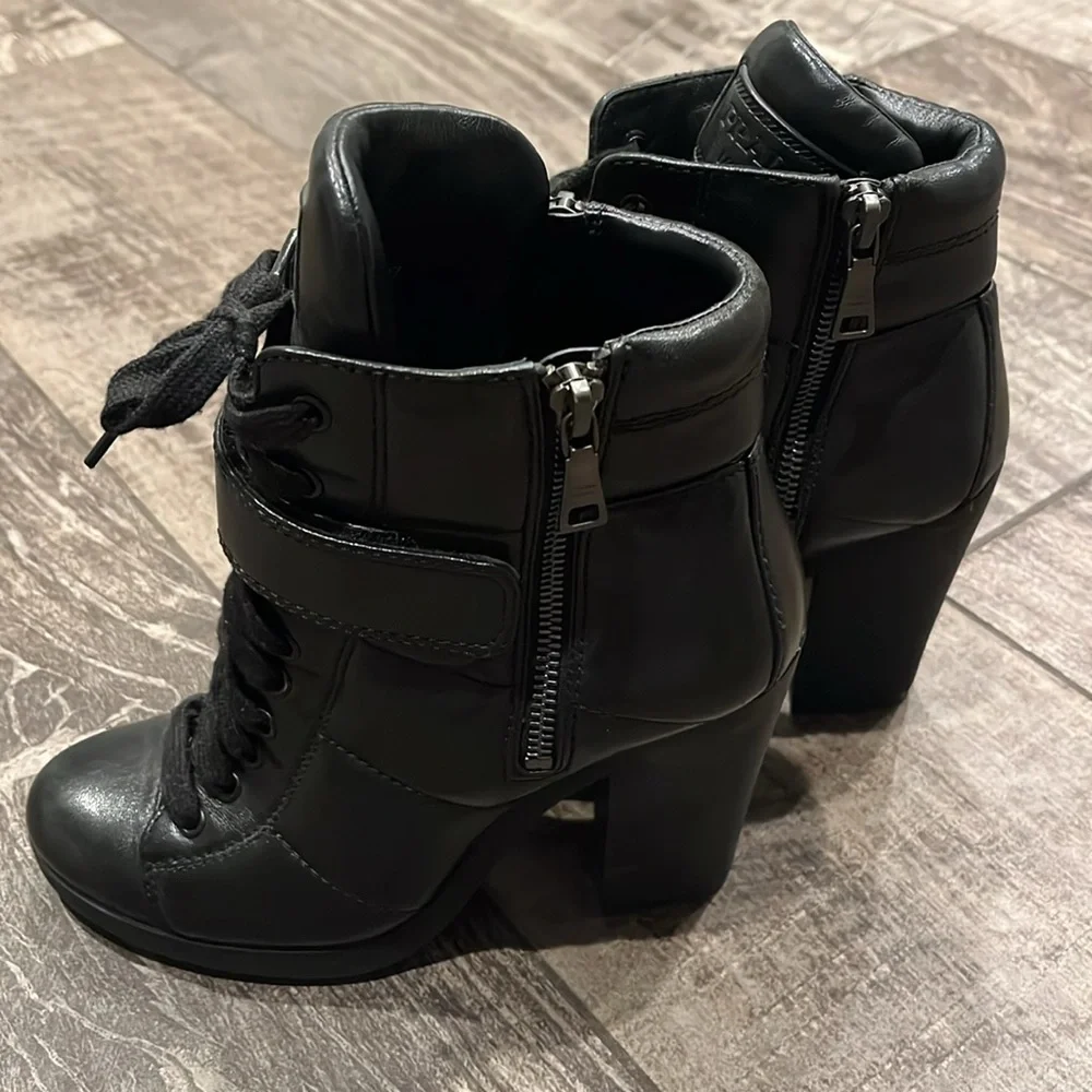 PRADA Combat Heeled Boots Zippers Black Leather Lace Up 37 - Picture 3 of 8